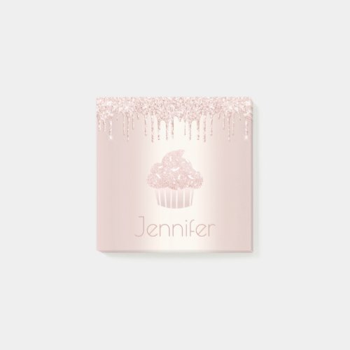 Cupcake pink rose gold glitter drips modern name post_it notes