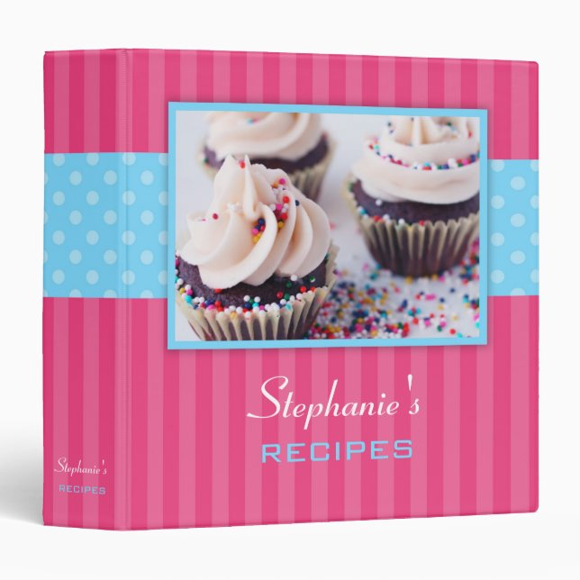 Cupcake Polka Dot Stripe Recipe 3 Ring Binder (Front/Spine)