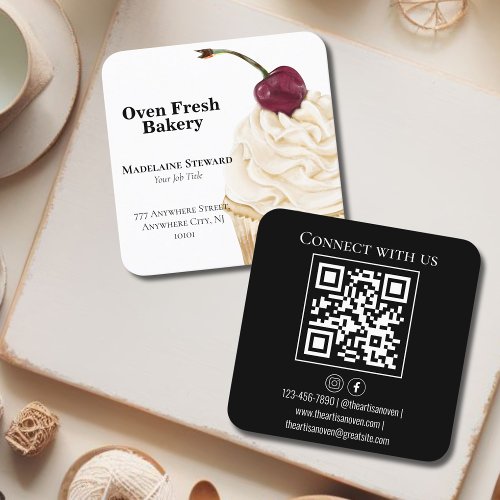 Cupcake QR Code Black Bakery  Square Business Card