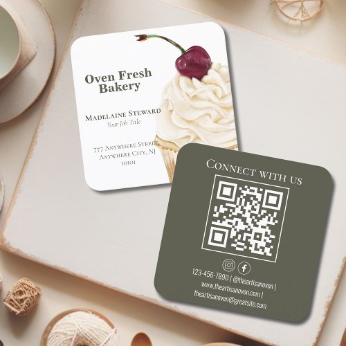 Cupcake QR Code Green Bakery  Square Business Card