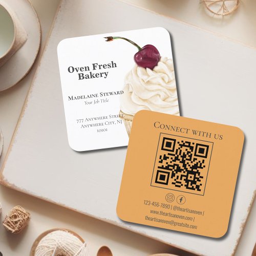 Cupcake QR Code Orange Bakery  Square Business Card