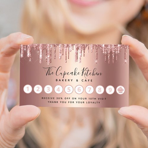 Cupcake Rose Gold Copper Glitter Drips Bakery Chef Loyalty Card
