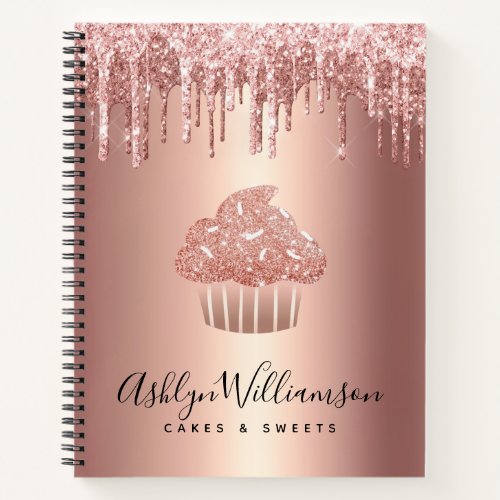 Cupcake Rose Gold Copper Glitter Drips Bakery Chef Notebook