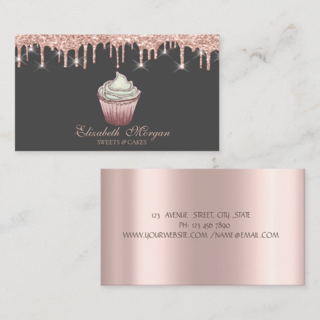 Cupcake Rose Gold Drips Bakery   Business Card (Front/Back)