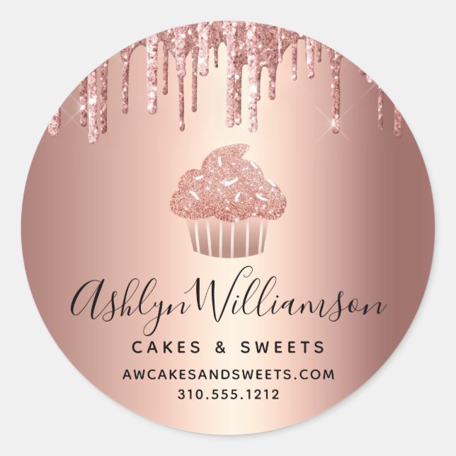 Cupcake Rose Gold Drips Script Pastry Chef Bakery Classic Round Sticker (Front)