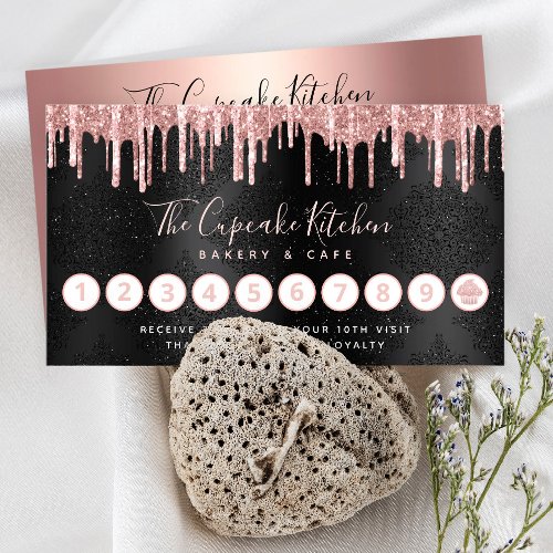Cupcake Rose Gold Glitter Drips Bakery Chef Black Loyalty Card