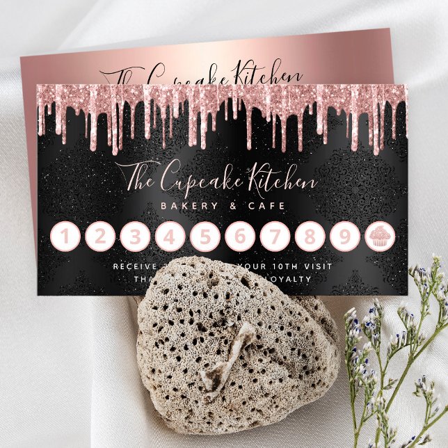 Cupcake Rose Gold Glitter Drips Bakery Chef Black Loyalty Card (Creator Uploaded)