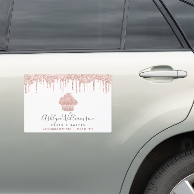 Cupcake Rose Gold Glitter Drips Bakery Pastry Chef Car Magnet (In Situ)
