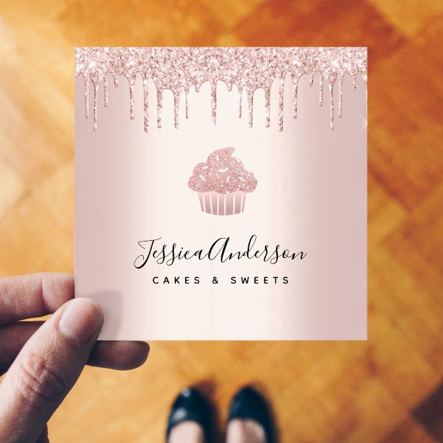 Cupcake Rose Gold Glitter Drips Bakery Pastry Chef Square Business Card (Creator Uploaded)