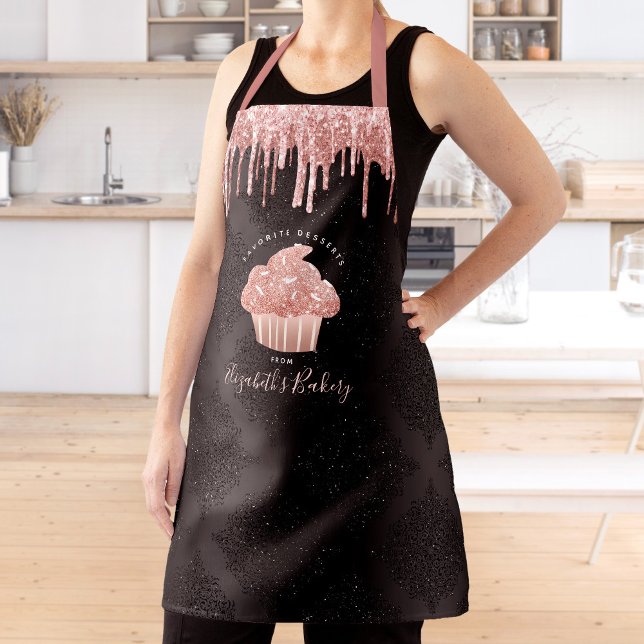 Cupcake Rose Gold Glitter Drips Black Bakery Chef Apron (Creator Uploaded)