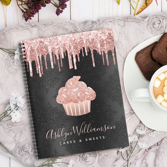 Cupcake Rose Gold Glitter Drips Black Bakery Chef Notebook (Creator Uploaded)