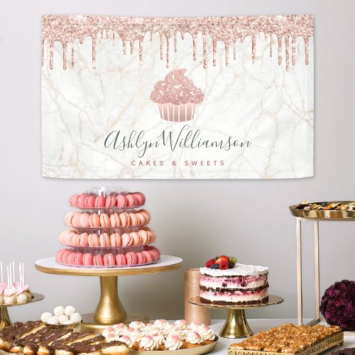 Cupcake Rose Gold Glitter Drips Marble Bakery Chef Banner