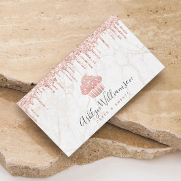 Cupcake Rose Gold Glitter Drips Marble Bakery Chef Business Card