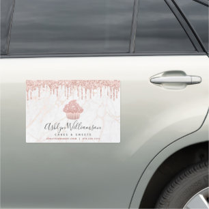 Cupcake Rose Gold Glitter Drips Marble Bakery Chef Car Magnet