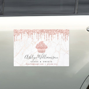 Cupcake Rose Gold Glitter Drips Marble Bakery Chef Car Magnet