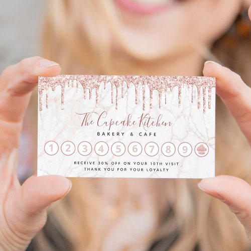 Cupcake Rose Gold Glitter Drips Marble Bakery Chef Loyalty Card