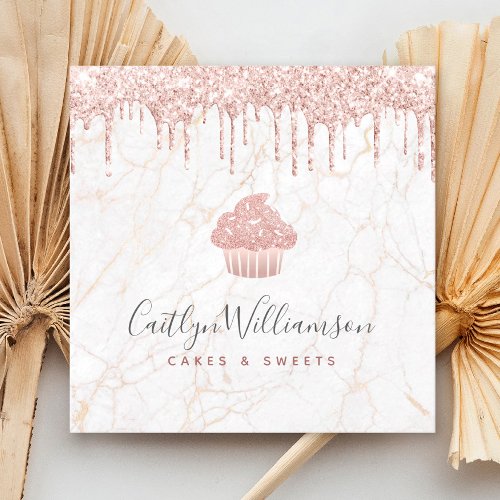 Cupcake Rose Gold Glitter Drips Marble Bakery Chef Square Business Card