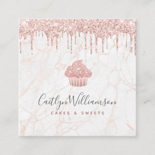 Cupcake Rose Gold Glitter Drips Marble Bakery Chef Square Business Card