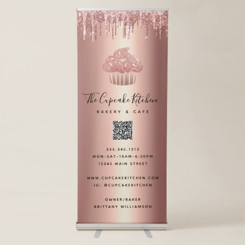 Cupcake Rose Gold Glitter Drips QR Code Bakery Retractable Banner