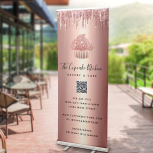 Cupcake Rose Gold Glitter Drips QR Code Bakery Retractable Banner