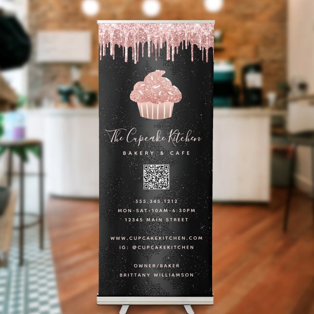 Cupcake Rose Gold Glitter QR Code on Black Bakery Retractable Banner (Creator Uploaded)