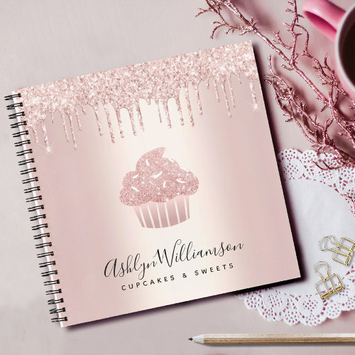 Cupcake Rose Gold Pastry Bakery Glitter Drips Notebook
