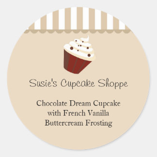 Cupcake Round Product Label, Soft Mocha Stripes Classic Round Sticker