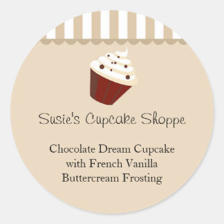 Cupcake Round Product Label, Soft Mocha Stripes Classic Round Sticker