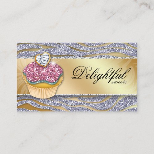 Bakery Business Card Zebra Cupcake Sparkle Silver