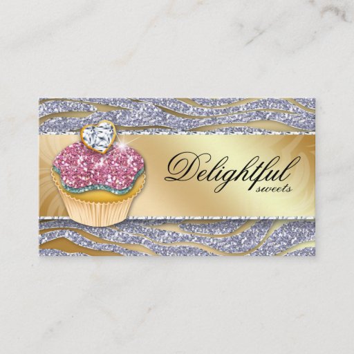 Customizable Bakery Business Card Zebra Cupcake Sparkle Silver