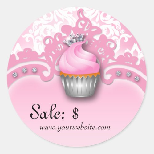 Cupcake Sticker Price Tag Crown Damask Pink White