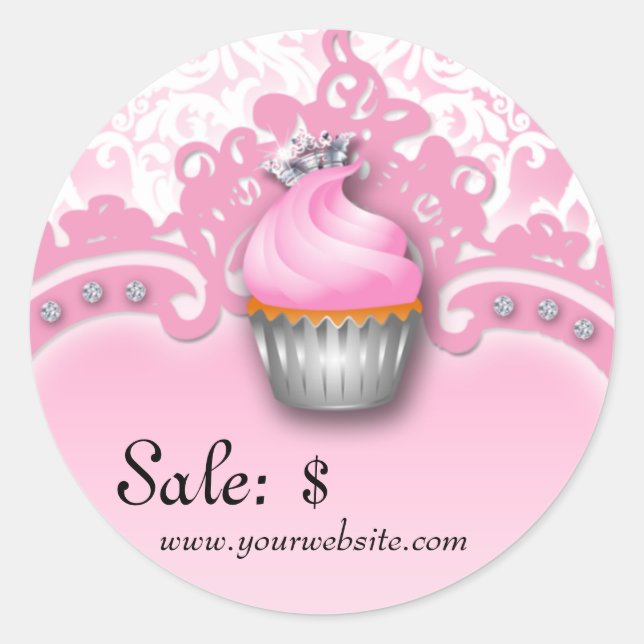 Cupcake Sticker Price Tag Crown Damask Pink White (Front)