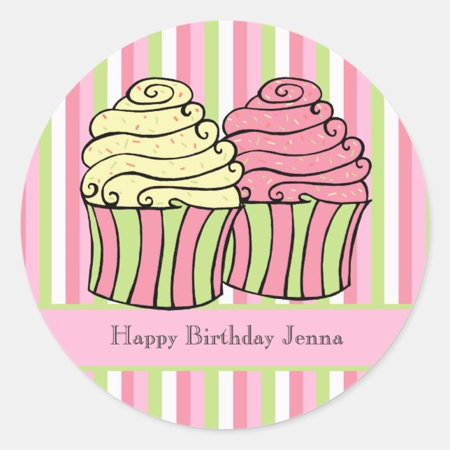 Cupcake Stripes Birthday Label Sticker (Front)