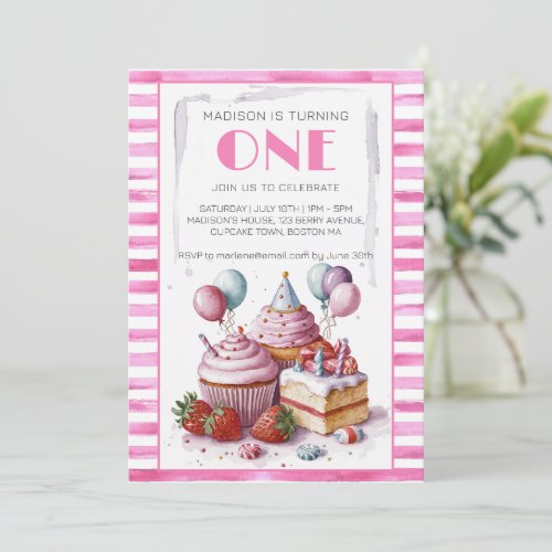 Cupcake sweet Birthday party girl Watercolor ONE Invitation