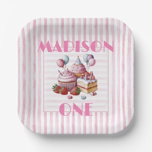 Cupcake sweet Birthday party girl Watercolor ONE Paper Plates