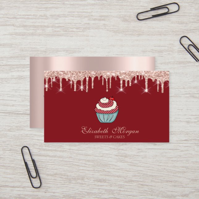 Cupcake Sweets Rose Gold Drips Red Business Card (Front/Back In Situ)