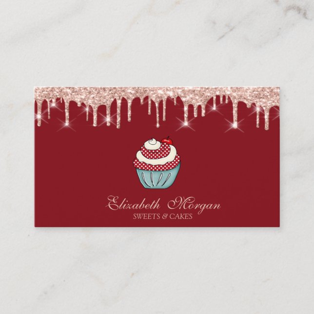 Cupcake Sweets Rose Gold Drips Red Business Card (Front)