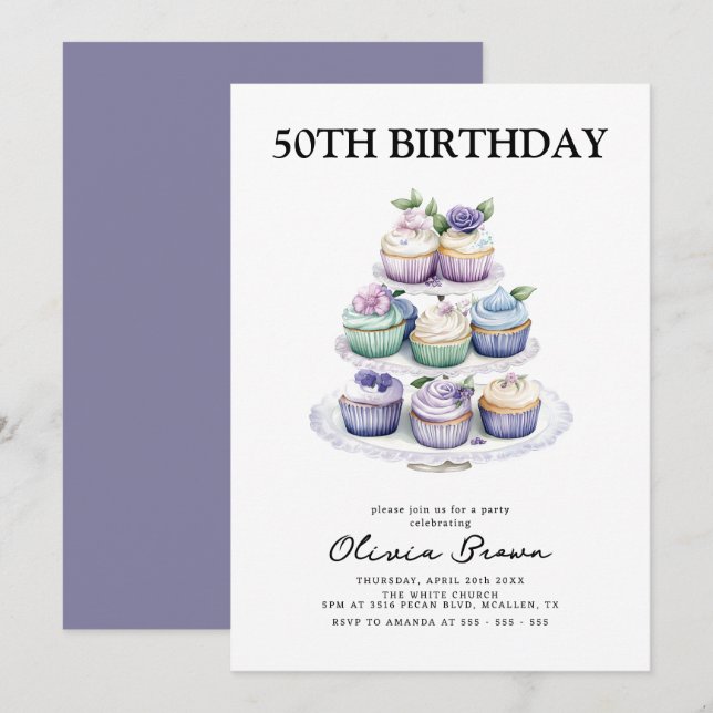 Cupcake Tea Party 50th Birthday Party Invitation (Front/Back)