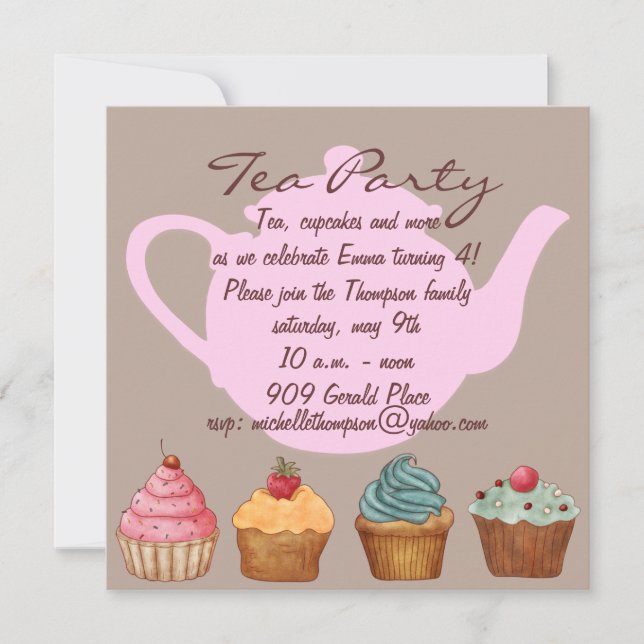 Cupcake Tea Party Birthday Invitation (Front)