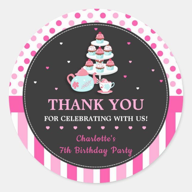 Cupcake Tea Party Birthday Pink Thank You Favor Classic Round Sticker (Front)