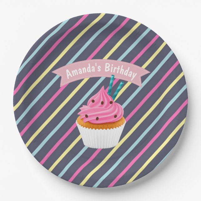 Cupcake themed Birthday Party personalised Paper Plates (Front)