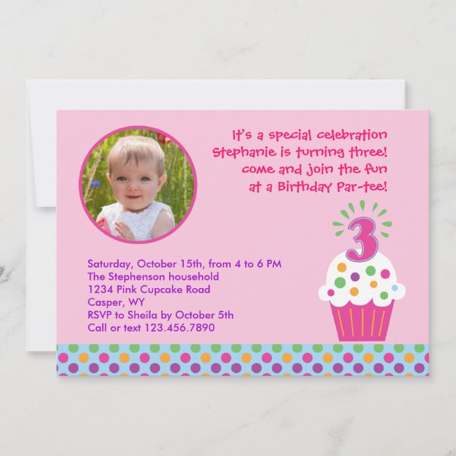 Cupcake Third Birthday Party Photo Invitation (Front)