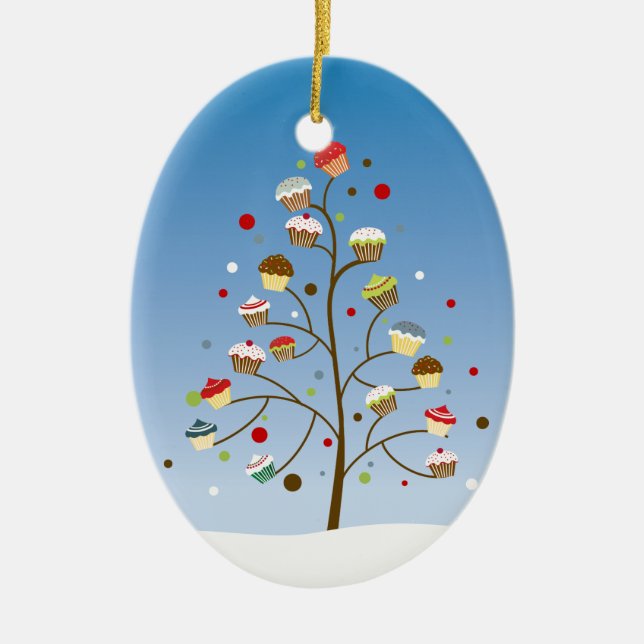 Cupcake Tree Holiday Ceramic Ornament (Front)
