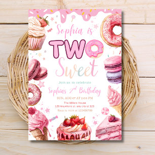 Cupcake Two Sweet Birthday Donuts Girls Pastel  Invitation