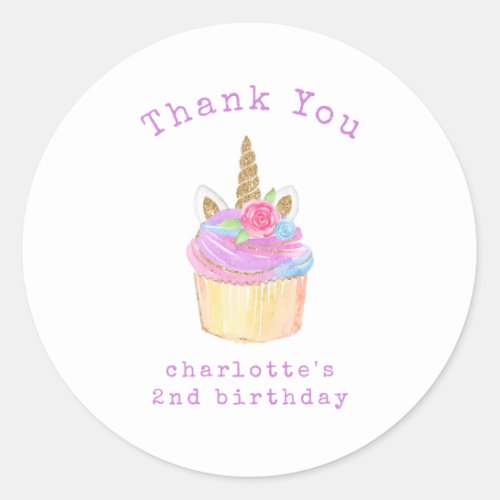 Cupcake Unicorn Girl Birthday Thank You Classic Round Sticker