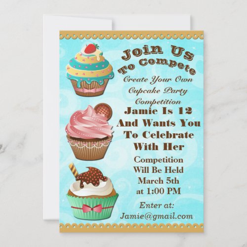 Cupcake Wars Bake Off Birthday Blue Swirls Invite
