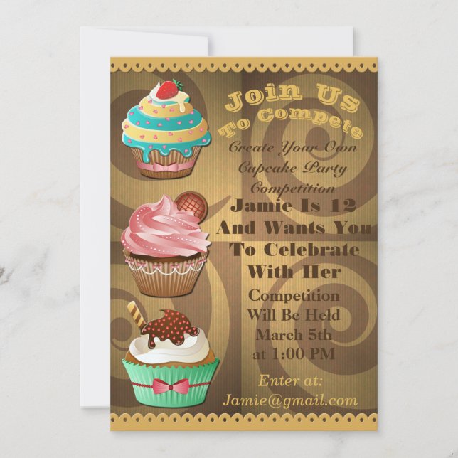 Cupcake Wars Bake Off Birthday Gold Swirl Invite (Front)