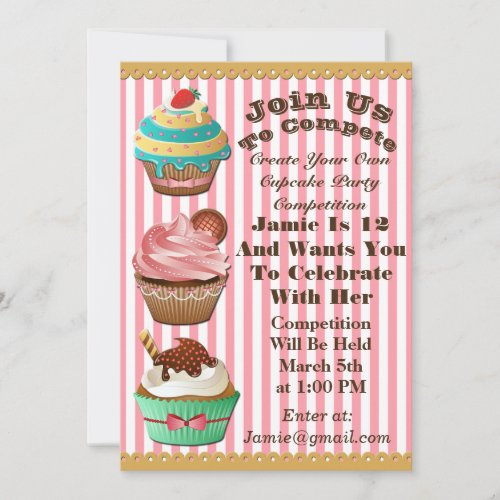 Cupcake Wars Bake Off Birthday Pink Striped Invite