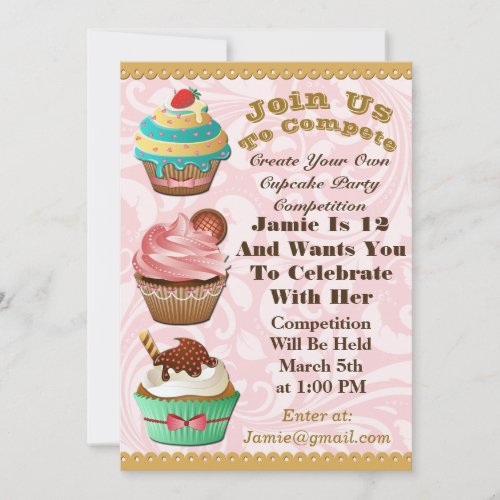 Cupcake Wars Bake Off Birthday Pink Swirl Invite