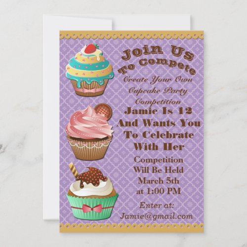 Cupcake Wars Bake Off Birthday Purple Invite
